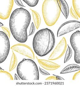 Hand drawn sketch style mango seamless pattern. Organic fresh fruit vector illustration. Retro mango fruit background.