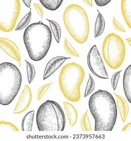 Hand drawn sketch style mango seamless pattern. Organic fresh fruit vector illustration. Retro mango fruit background.
