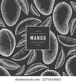 Hand drawn sketch style mango banner. Organic fresh fruit vector illustration on chalk board. Retro mango fruit design template