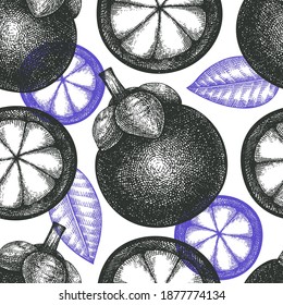 Hand drawn sketch style mangosteen seamless pattern. Organic fresh food vector illustration. Retro fruit background.