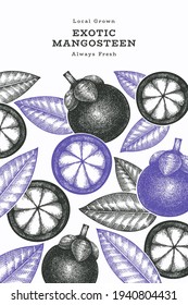 Hand drawn sketch style mangosteen design template. Organic fresh food vector illustration on white background. Retro fruit banner.