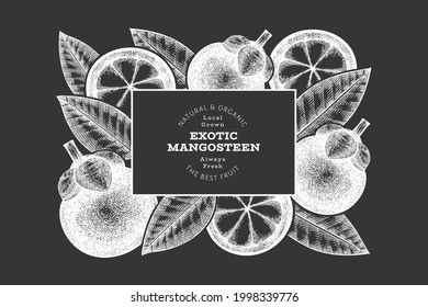 Hand drawn sketch style mangosteen design template. Organic fresh food vector illustration on chalk board. Retro fruit banner.