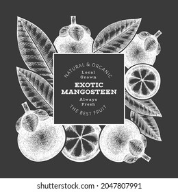 Hand drawn sketch style mangosteen design template. Organic fresh food vector illustration on chalk board. Retro fruit banner.