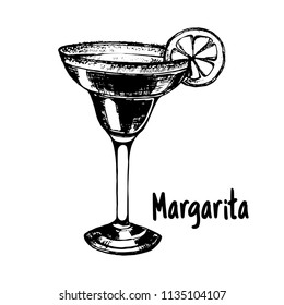 Hand drawn sketch style Margarita cocktail isolated on white background. Vector illustration.