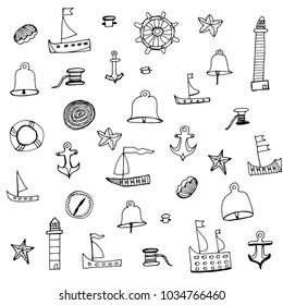 Hand drawn sketch style marine subjects.Vector illustration 