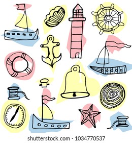 Hand drawn sketch style marine subjects.Vector illustration