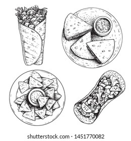 Hand drawn sketch style Mexican food set. Top view. Nachos with sauce on plate, burrito, taco and quesadillas on plate. Traditional Mexico food in vintage handmade style. Vector illustration for menu.