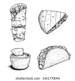 Hand drawn sketch style Mexican food set. Nacho with sauce, burrito, taco and quesadilla. Traditional Mexico food in vintage handmade style. Vector illustration for menu designs and package