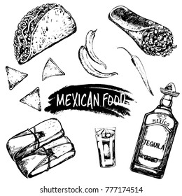 Hand drawn sketch style Mexican food and drink. Vector illustration isolated on white background.