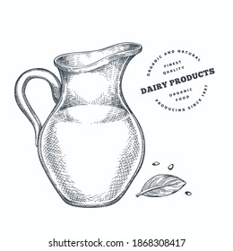 Hand drawn sketch style milk glass jug. Organic fresh food vector illustration isolated on white background. Retro dairy product illustration. Engraved style rustic picture.