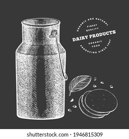 Hand drawn sketch style milk metal jug. Organic fresh food vector illustration isolated on chalk board. Retro dairy product illustration. Engraved style rustic picture.