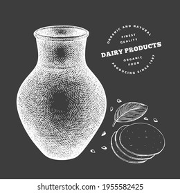 Hand drawn sketch style milk clay jug. Organic fresh food vector illustration isolated on chalk board. Retro dairy product illustration. Engraved style rustic picture.