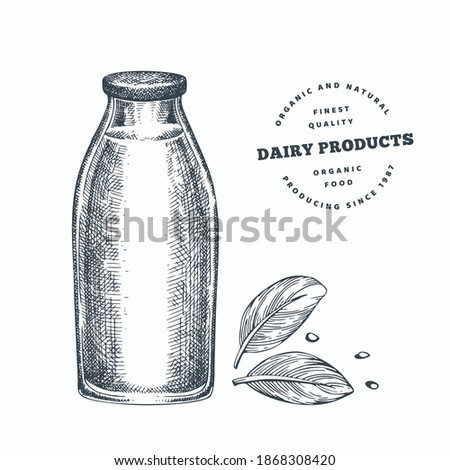 Hand drawn sketch style milk glass bottle. Organic fresh food vector illustration isolated on white background. Retro dairy product illustration. Engraved style rustic picture.