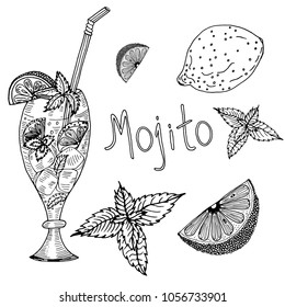 Hand drawn sketch style Mojito cocktail.Vector illustration