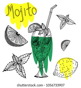 Hand drawn sketch style Mojito cocktail.Vector illustration
