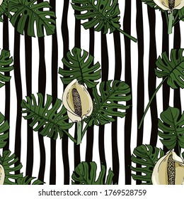 Hand drawn sketch style monstera leaves and fruits seamless pattern on the background of stripes. Color illustration.