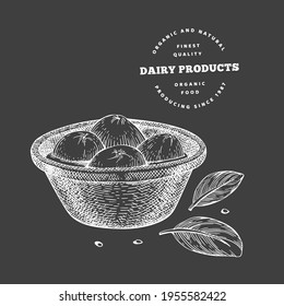 Hand drawn sketch style mozzarella cheese in bowl. Organic fresh food vector illustration isolated on chalk board. Retro dairy product illustration.