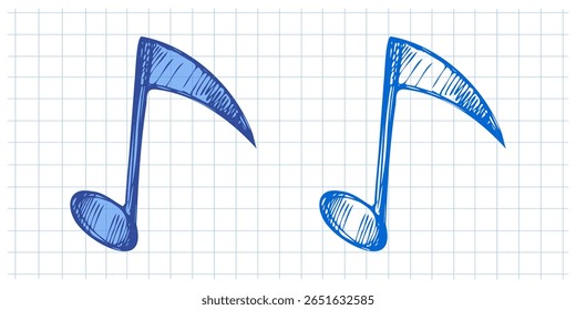 Hand drawn sketch style music Illustration. Musical notes in color and monochrome on grid background. Back to School.	