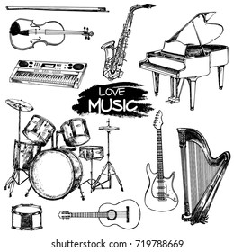 Hand drawn sketch style musical instruments. Vector illustration isolated on white background.