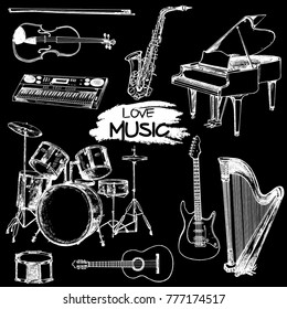 Hand drawn sketch style musical instruments. Vector illustration isolated on black background.