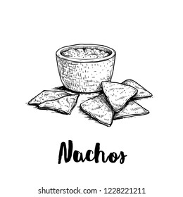 Hand drawn sketch style nachos with guacamole sauce. Traditional Mexican food. Corn chips. Retro style. Element for Mexican reastaurant menu designs. Vector illustration isolated on white background.