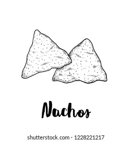 Hand drawn sketch style nachos. Traditional Mexican food. Corn chips. Retro style. Element for Mexican reastaurant menu designs. Vector illustration isolated on white background.