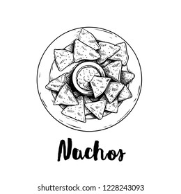 Hand drawn sketch style nachos with guacamole sauce on plate. Top view. Traditional Mexican food. Corn chips. Retro style. Element for Mexican restaurant menu designs. Vector illustration isolated on 