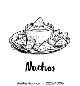 Hand drawn sketch style nachos with guacamole sauce on plate. Traditional Mexican food. Corn chips. Retro style. Element for Mexican restaurant menu designs. Vector illustration isolated on white.