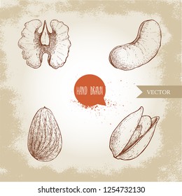 Hand drawn sketch style nuts set. Walnut, cashew, almond and pistachio seeds. Collection of healthy natural food. Vector illustrations isolated on old background.