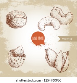 Hand drawn sketch style nuts set. Walnut, cashew, almond and pistachios. Collection of healthy natural food. Vector illustrations isolated on old background.