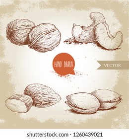Hand drawn sketch style nuts set. Walnut, cashew, almonds and pistachios. Collection of healthy natural food. Vector illustrations isolated on old background.