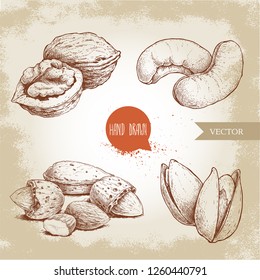 Hand drawn sketch style nuts set. Walnut, cashew, almonds and pistachios. Collection of healthy natural food. Vector illustrations isolated on old background.