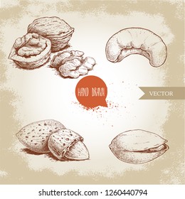 Hand drawn sketch style nuts set. Walnut, cashew, almond and pistachios. Collection of healthy natural food. Vector illustrations isolated on old background.