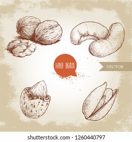 Hand drawn sketch style nuts set. Walnut, cashew, almond and pistachios. Collection of healthy natural food. Vector illustrations isolated on old background.