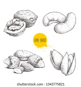 Hand drawn sketch style nuts set. Walnut, cashew, almonds and pistachios. Collection of healthy natural food. Vector illustrations isolated on white background.