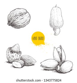 Hand drawn sketch style nuts set. Walnut, cashew fruit, almonds and pistachios. Collection of healthy natural food. Vector illustrations isolated on white background.