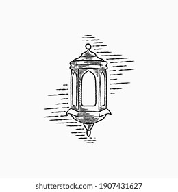 Hand drawn sketch style old Turkish lantern. Ramadan Islamic theme with vintage arabic lamp design element. Muslim people holiday celebration isolated on white background. Vector illustration