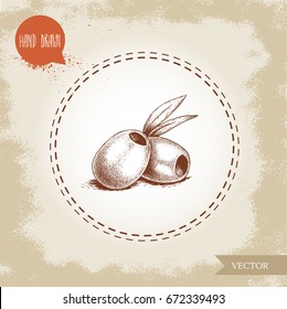 Hand drawn sketch style olives without seed. Olive oil and healthy food vector illustration on vintage looking background.
