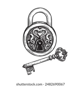 Hand drawn sketch style padlock and key with ornaments. Vintage retro etched illustration. Safety and security symbols. Vector illustration isolated on white.
