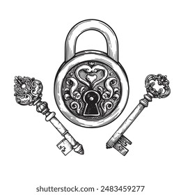Hand drawn sketch style padlock and keys with ornaments. Vintage retro etched illustration. Safety and security symbols. Vector illustration isolated on white.