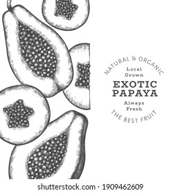 Hand drawn sketch style papaya banner. Organic fresh fruit vector illustration. Retro fruit design template