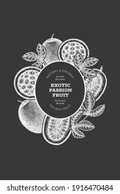 Hand drawn sketch style passion fruit banner. Organic fresh fruit vector illustration on chalk board. Retro exotic maracuya design template