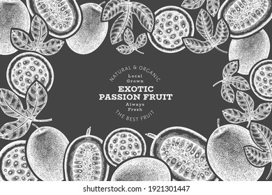 Hand drawn sketch style passion fruit banner. Organic fresh fruit vector illustration on chalk board. Retro exotic maracuya design template