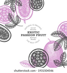 Hand drawn sketch style passion fruit banner. Organic fresh fruit vector illustration. Retro exotic fruit design template