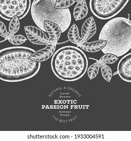 Hand drawn sketch style passion fruit banner. Organic fresh fruit vector illustration on chalk board. Retro exotic maracuya design template