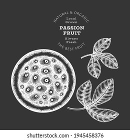 Hand drawn sketch style passion fruit. Organic fresh food vector illustration isolated on chalk board. Retro exotic fruit illustration. Engraved style botanical picture.