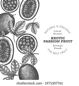 Hand drawn sketch style passion fruit banner. Organic fresh fruit vector illustration. Retro exotic fruit design template