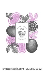 Hand drawn sketch style passion fruit banner. Organic fresh fruit vector illustration. Retro exotic fruit design template