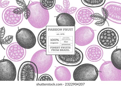 Hand drawn sketch style passion fruit banner. Organic fresh fruit vector illustration. Retro exotic fruit design template