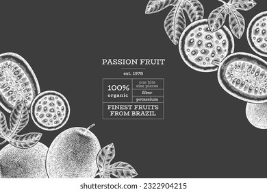 Hand drawn sketch style passion fruit banner. Organic fresh fruit vector illustration on chalk board. Retro exotic maracuya design template